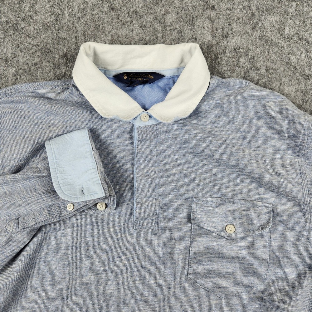 Brooks Brothers Polo Shirt Men L Blue Rugby Flip Cuff Linen Long Sleeve Contrast